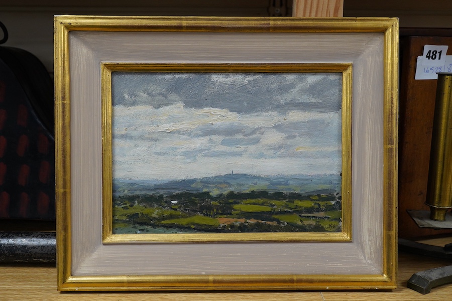 Ken Howard (1932-2022), oil on board, Rural landscape with distant view of Glastonbury, initialled K.H., 15 x 21cm, gilded frame. Provenance: New Grafton Gallery. Condition - good